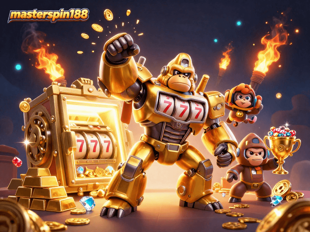 masterspin188 showcases a golden gorilla mech slot machine bursting with coins, under dynamic casino lighting.