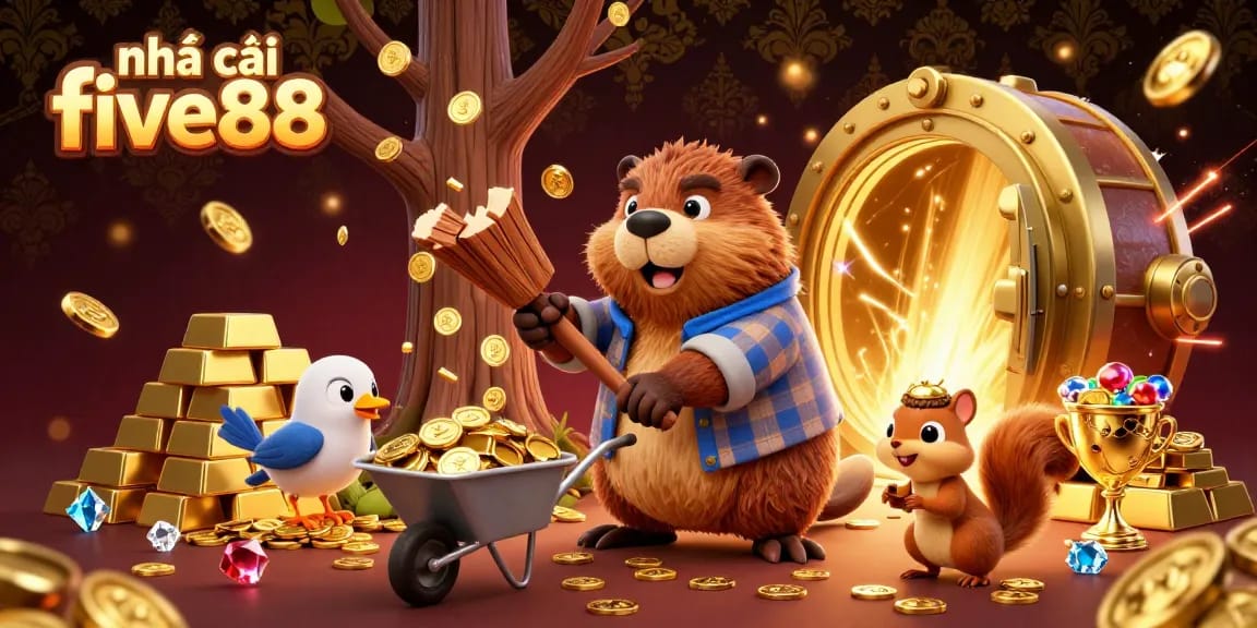 Engage with the vibrant gaming scene featuring nhà cái five88, where a beaver collects golden coins amidst opulent treasures.