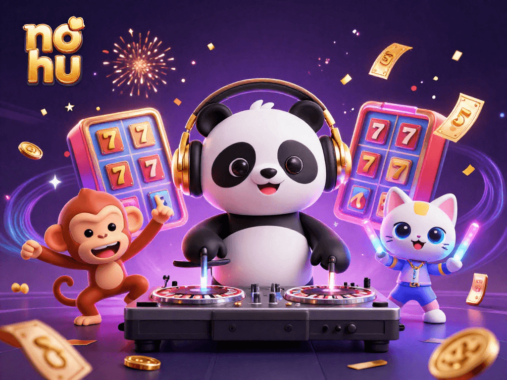 Experience no hu excitement with vibrant characters and dynamic casino elements in this lively illustration.