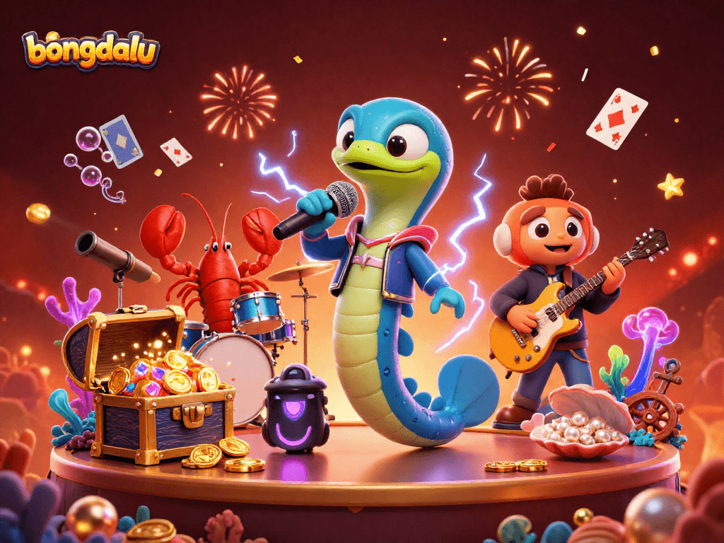 Bongdalu showcases an electric eel DJ performing in an underwater casino, surrounded by vibrant gaming elements.