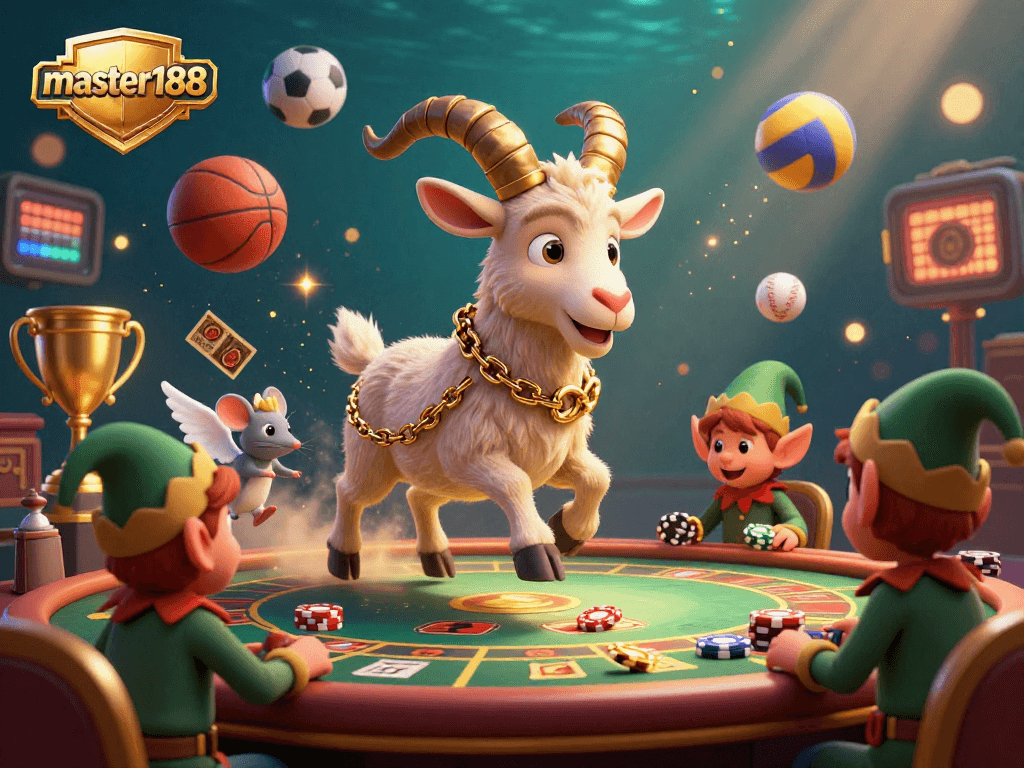 master188 casino showcases a festive Krampus goat managing chaos with elf gremlins stealing chips.