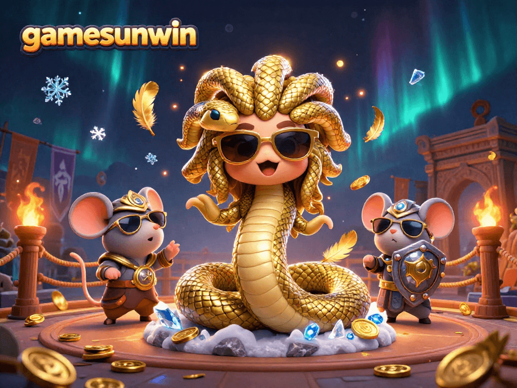 Experience thrilling gameplay with gamesunwin featuring a whimsical Medusa and a warrior mouse in a vibrant casino scene.