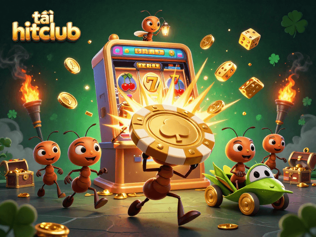 Join the excitement to tải hitclub with ants stealing a giant poker chip in a vibrant casino scene.